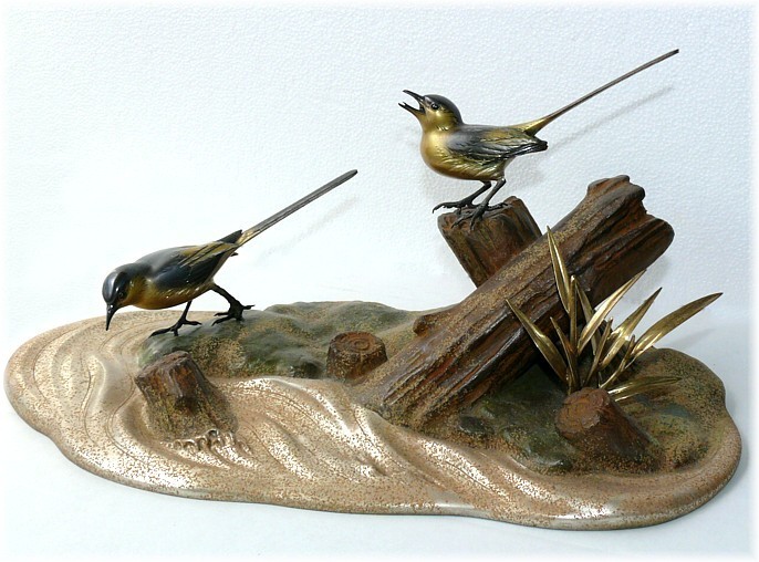 Птички на берегу ручья, японская бронзовая скульптура, 1920-е гг.