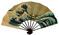японский веер с рисунком в виде японской страинной гравюры Хокусаи Большая Волна