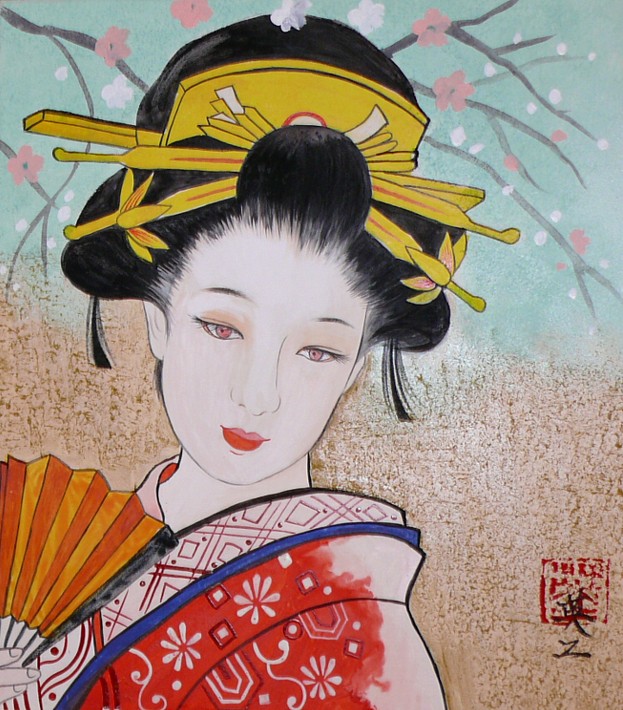 японский рисунок на бумаге Девушка с веером, 2006 г.