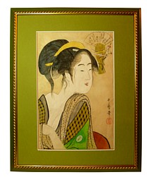 японская картина Гейша в зеленом кимоно
