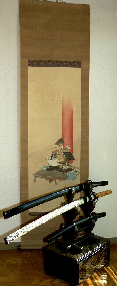 японский рисунок тушью на свитке Самурай с письмом, эпоха Эдо