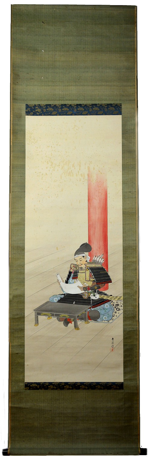 японский акварельный рисунок на свитке Самурай с письмом, эпоха Эдо