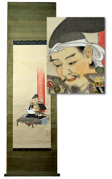 японский рисунок на свитке  Самурай с письмом в храме