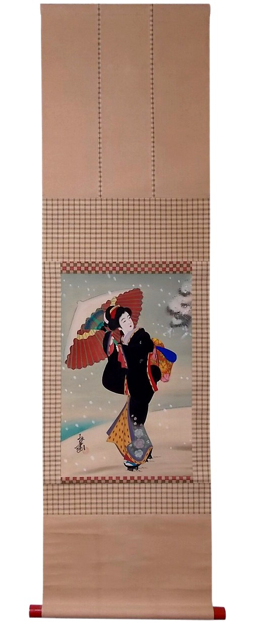 Гейша с зонтиком, японский старинный рисунок цветной тушью на свитке