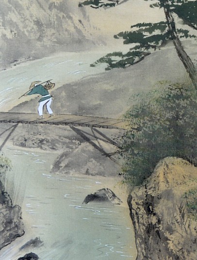 японская акварель на свитке Пейзаж в горах с мостиком. деталь