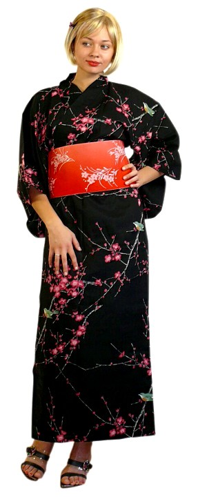 японское кимоно из хлопка Соловей на Ветке сливы, р. свободный