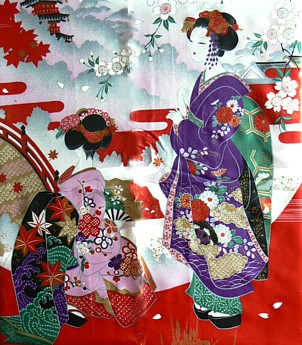 девушки в кимоно, рисунок на японском женском кимоно АСАКУСА