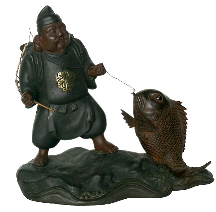 японская антикварная бронзовая статуэтка Эбису с удочкой и рыбой, 1910-е гг.