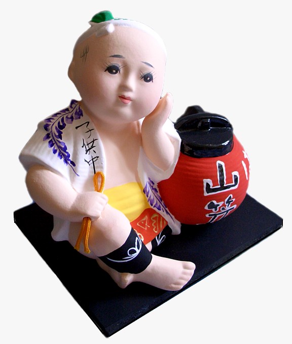  Мальчик, сидящий рядом с большим праздничным фонарем , японская статуэтка из керамики,