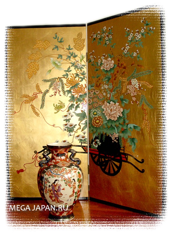 японская антикварная деревянная ширма с авторской росписью