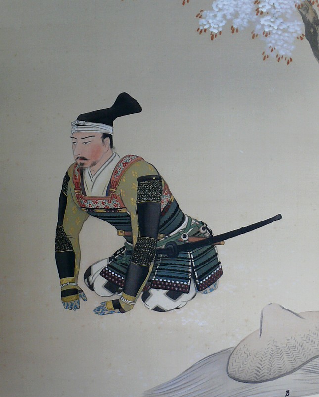японский акварельный рисунок на свитке Самурай в полевой ставке Бакуфу: деталь
