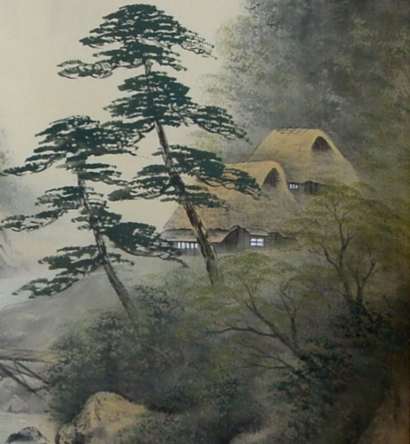 японская картина Пейзаж в горах с мостиком. деталь