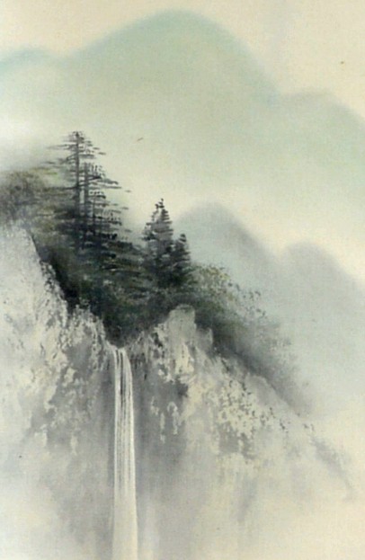 японская акварель на свитке Пейзаж в горах с мостиком. деталь