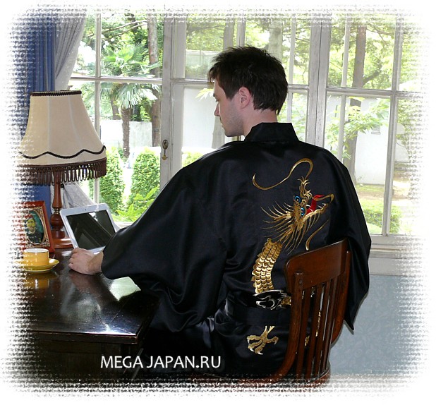 японский мужской халат-кимоно ЛУННЫЙ ДРАКОН с вышивкой