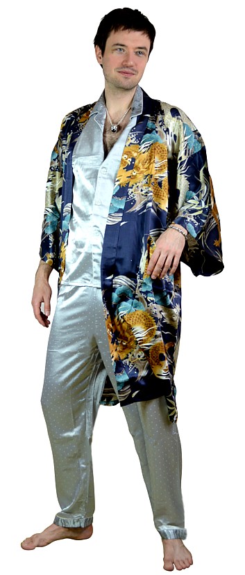 мужской  халат- кимоно, шелк 100%, цвет темно-синий
